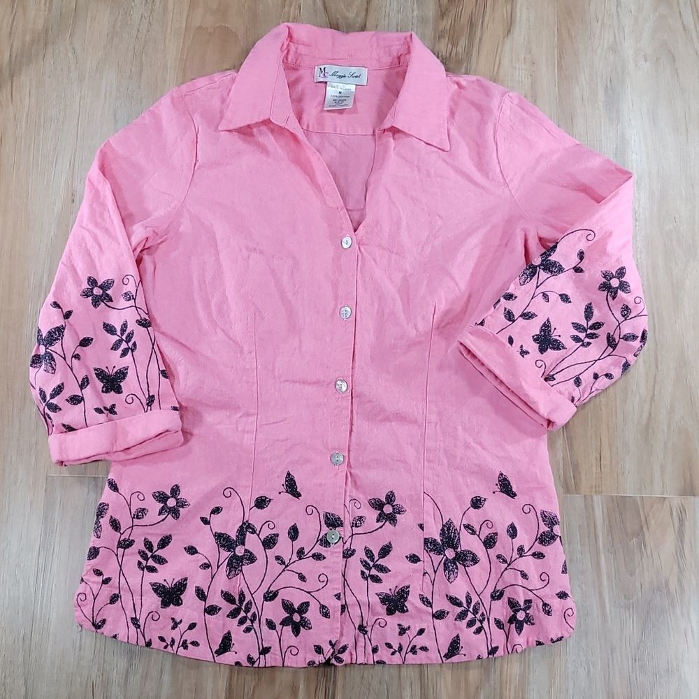 🔺️Vintage Maggie Sweet Pink Floral Embroider Print Buttoned Top Medium